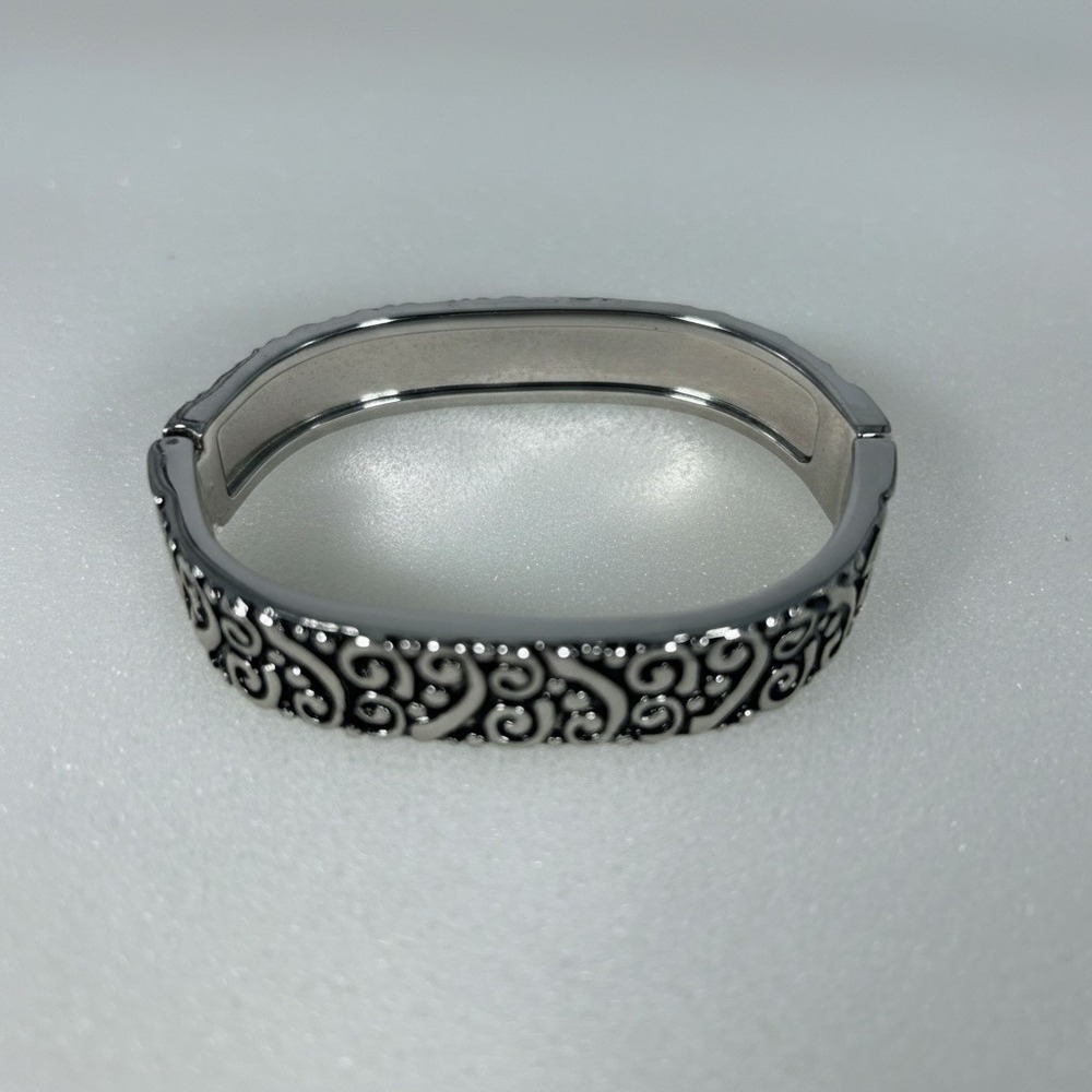 Hinged Silver‎ Bangle Bracelet Black Scrollwork